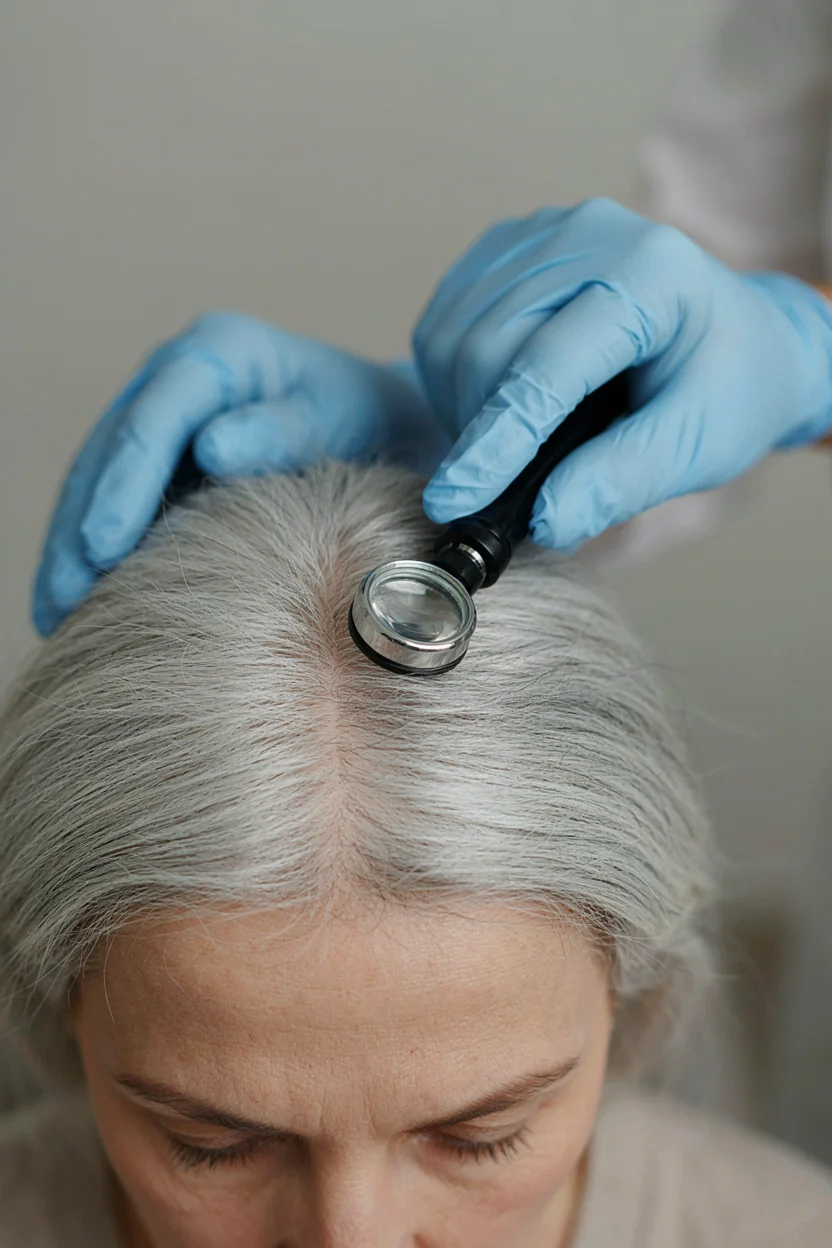 Close-up of a clinician's hands using a dermatoscope to examine a woman's scalp at the part line