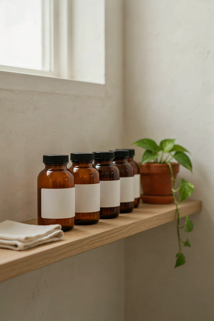 Several amber supplement bottles arranged on a bathroom shelf with neutral packaging and soft lighting