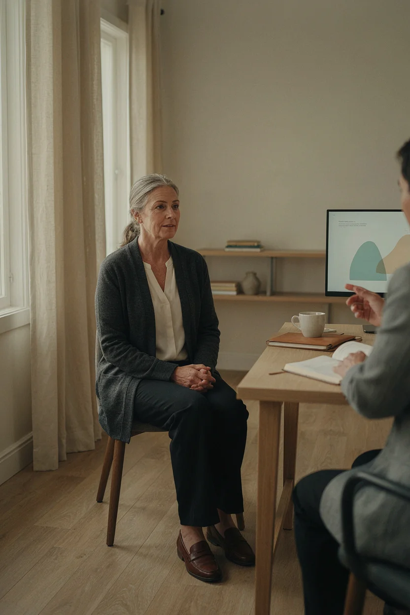 Woman in her late fifties seated across from a clinician in a well-lit consulting room