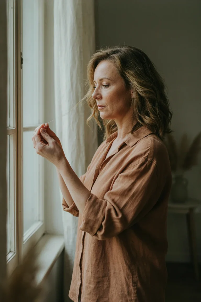 Woman in her mid-fifties holding a few strands of hair up to the light near a window, examining them closely