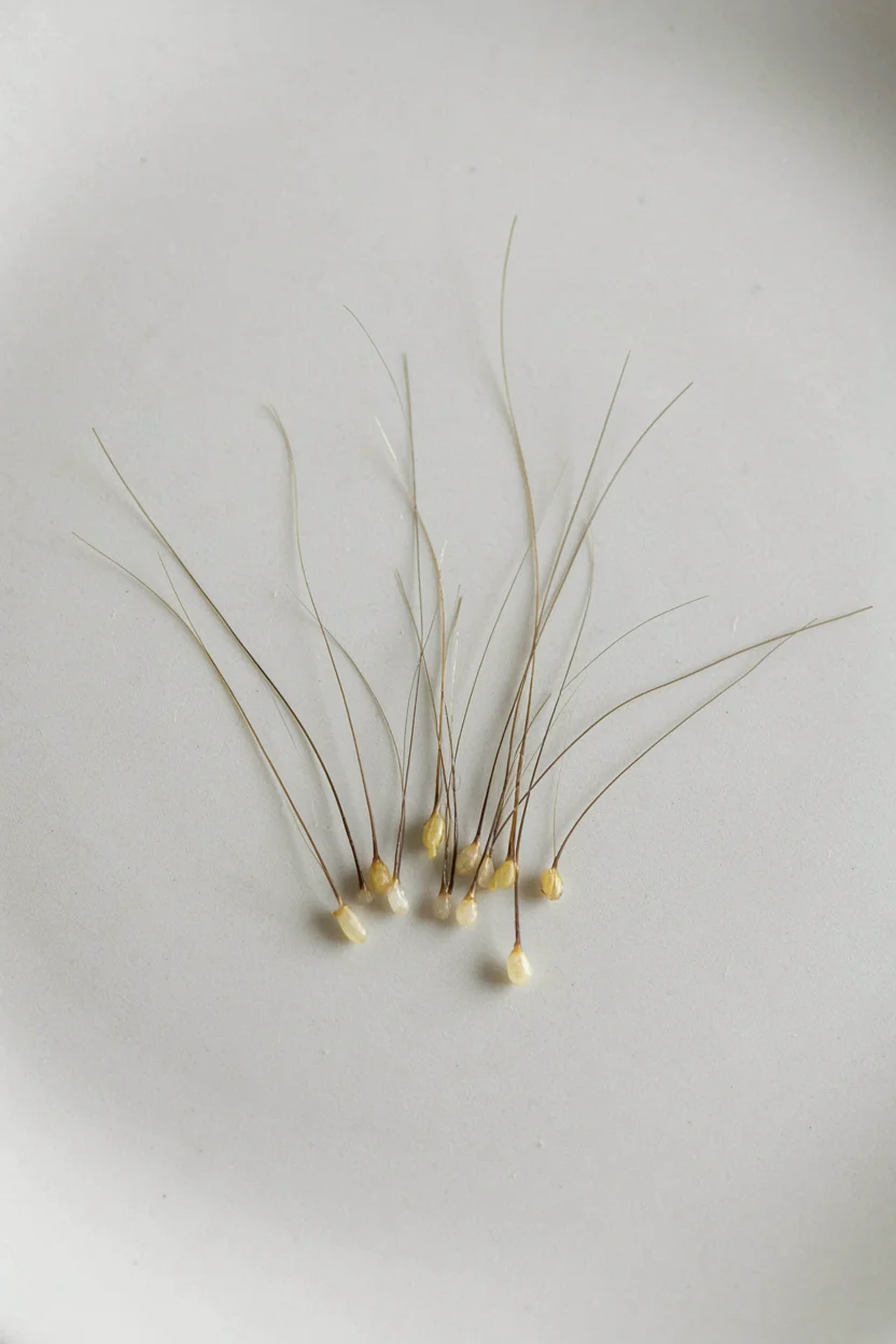 Extreme close-up of several shed hairs on a white surface showing the small pale telogen bulbs at one end