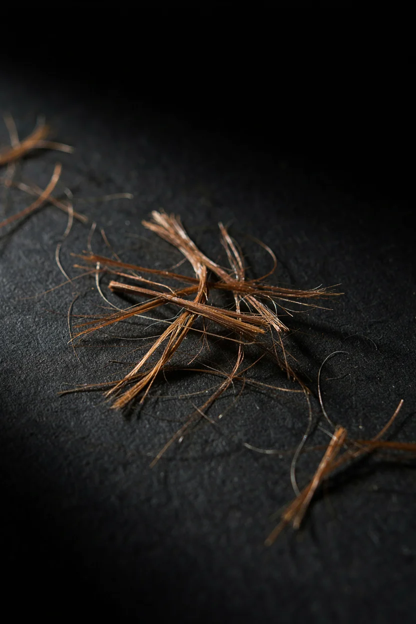 Close-up of broken hair strands on a dark surface showing frayed and uneven tips without bulbs