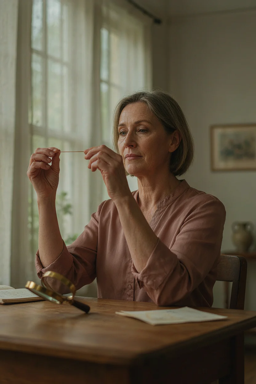 Woman in her late fifties examining individual strands of hair between her fingers at a well-lit desk