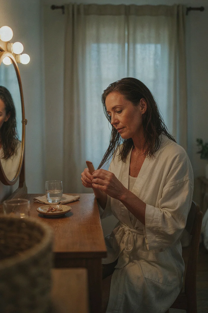 Woman in her mid-fifties gently detangling her hair with a wide-tooth comb at a vanity with warm lighting