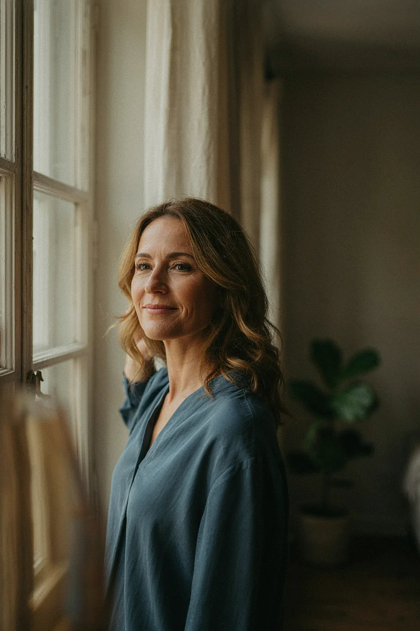Woman in her mid-fifties with fine hair showing soft loose waves that still have visible shape at the mid-lengths, standing near a window
