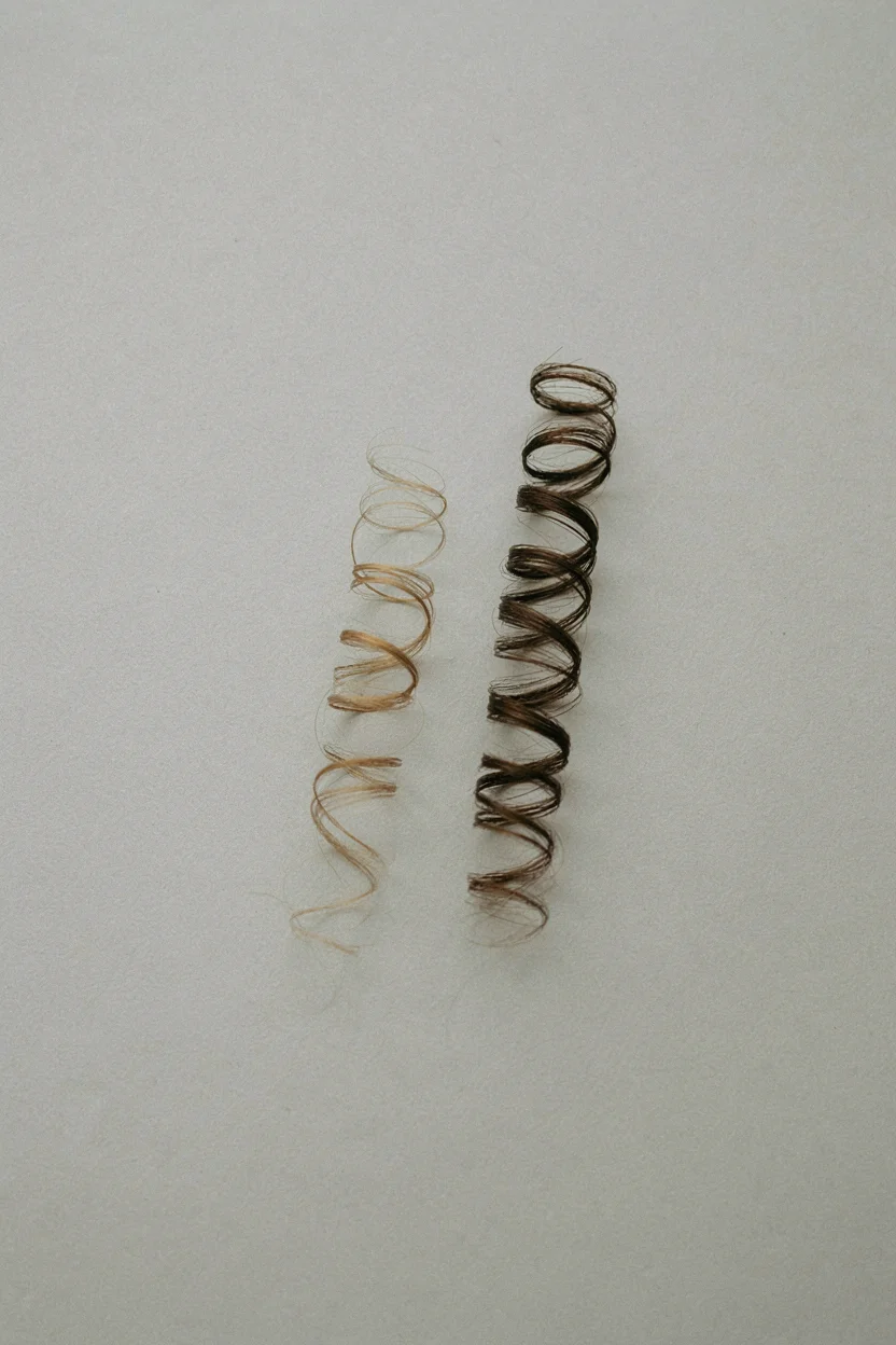 Close-up comparison showing a fine hair strand next to a medium hair strand