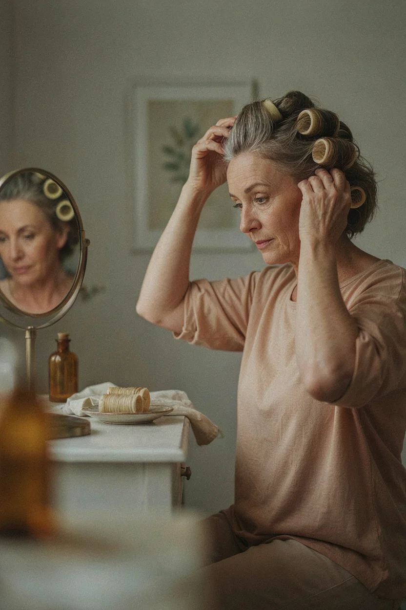 Woman in her fifties wrapping damp hair around a silk-covered foam rod at her vanity