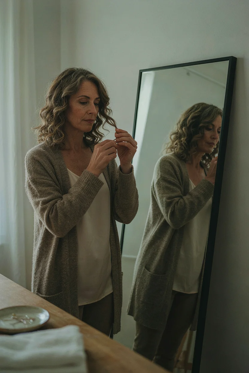 Woman in her mid-fifties with freshly unwrapped curls still cool to the touch