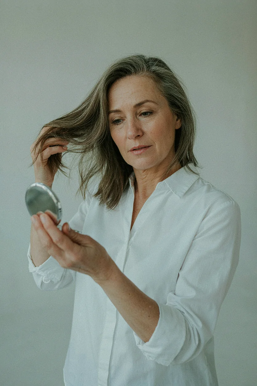 Woman in her fifties looking at her reflection in a compact mirror