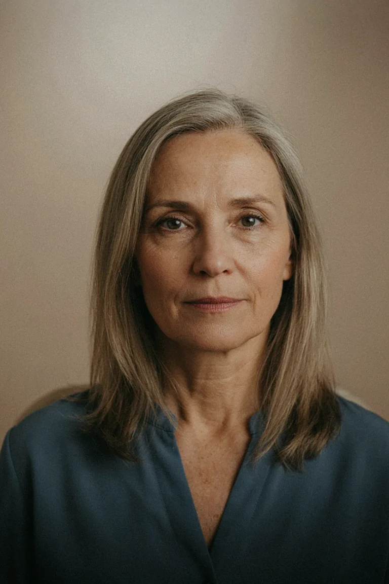 Woman, approximately 53 years old, visible fine lines around eyes and forehead, mature skin with natural texture. She has shoulder-length fine, straight hair with subtle long layers that start close t
