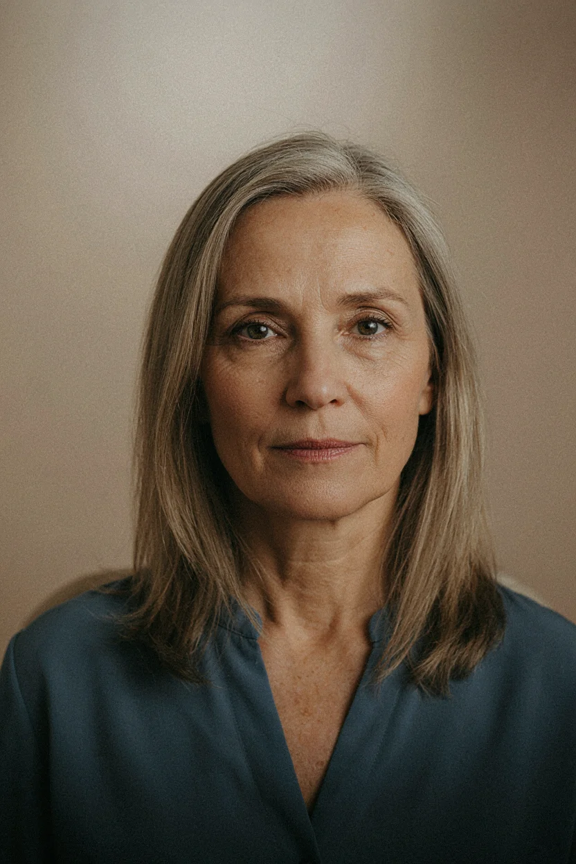 Woman, approximately 53 years old, visible fine lines around eyes and forehead, mature skin with natural texture. She has shoulder-length fine, straight hair with subtle long layers that start close t