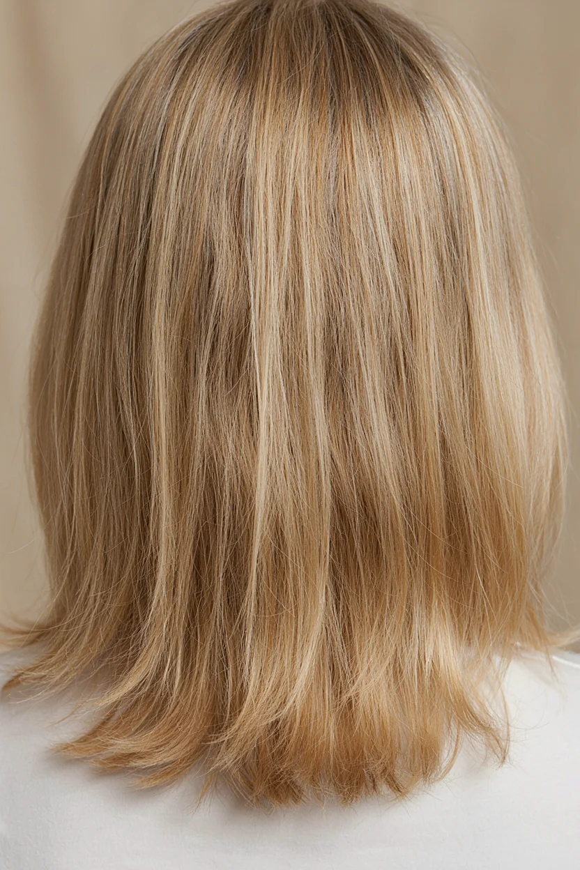 Close-up from behind of a woman's fine hair at shoulder length