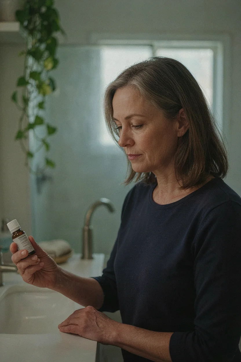 Woman between 50 and 65 standing at a bathroom counter, holding a small minoxidil bottle (generic amber or white packaging, no readable brand name) in one hand, looking at it with a thoughtful, consid