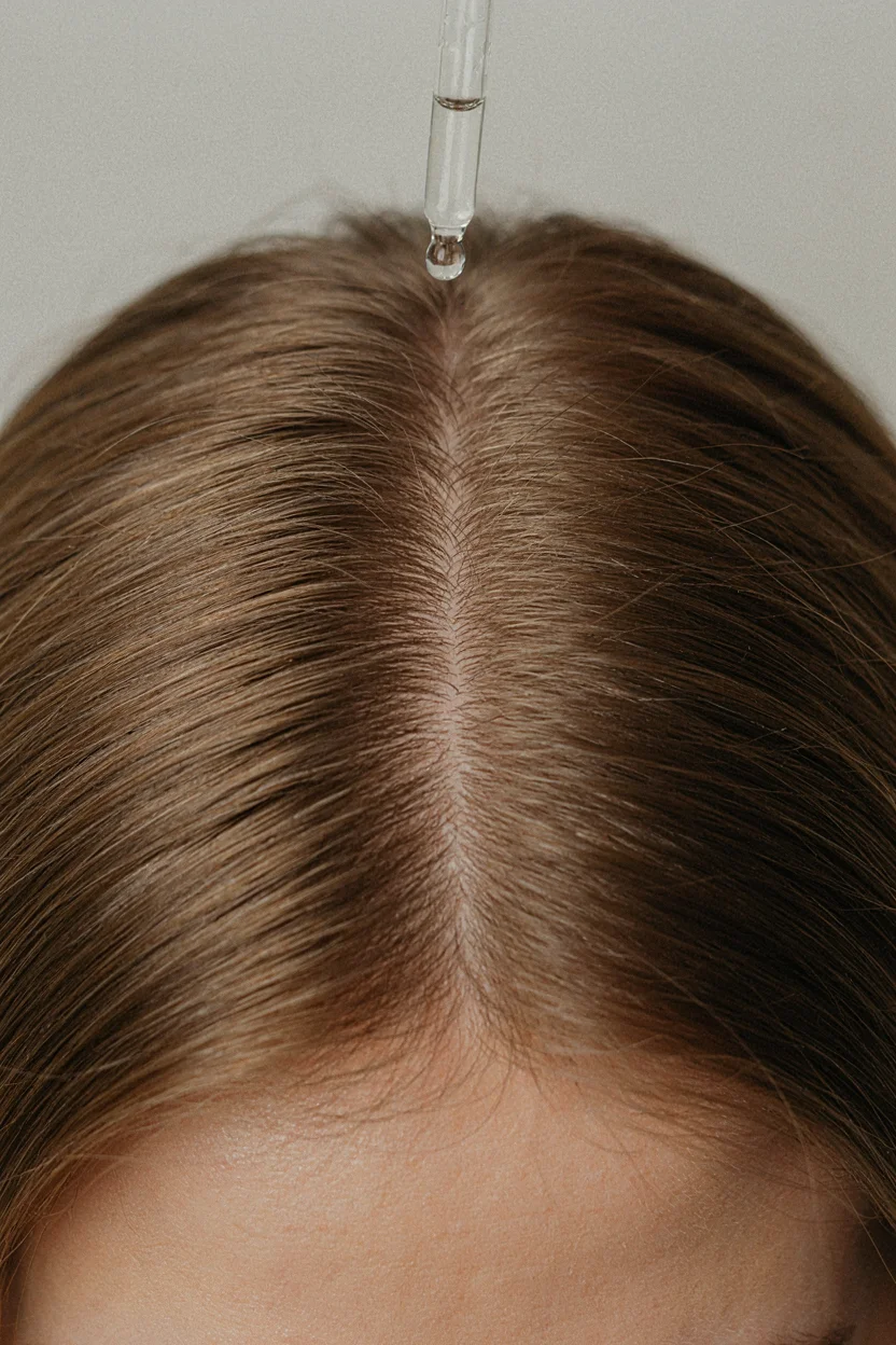 Back-of-head close-up showing a woman's scalp with a clean centre parting