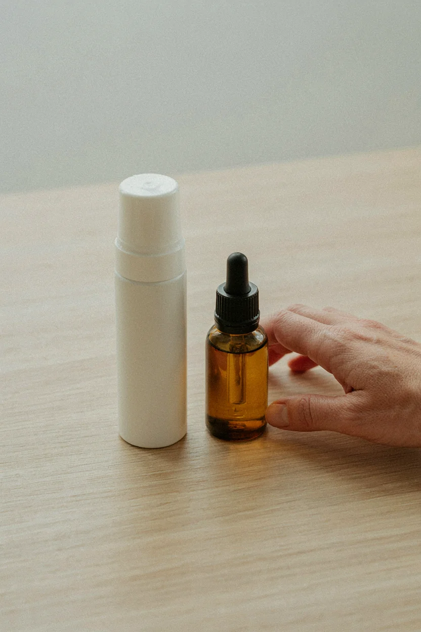 Two minoxidil products on a clean light wood or white surface: one foam canister and one liquid bottle with a dropper cap
