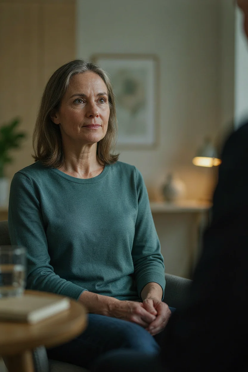 Woman between 50 and 65 seated in a consultation chair