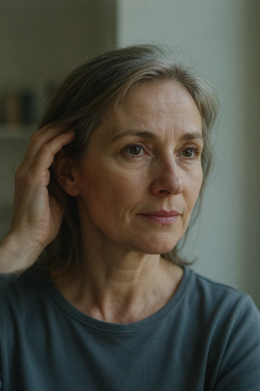 Woman between 50 and 65, seated in a softly lit room