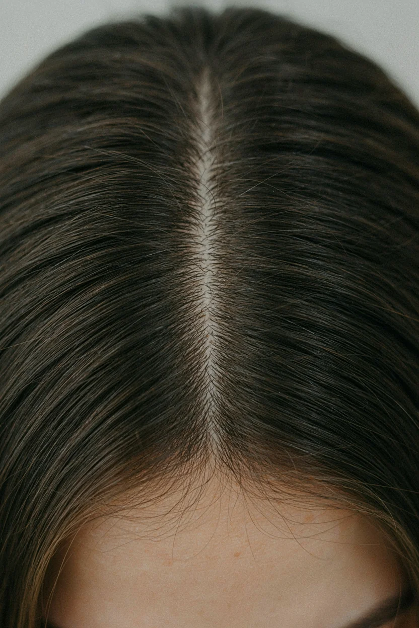 Close-up of a woman's scalp along a clean centre parting