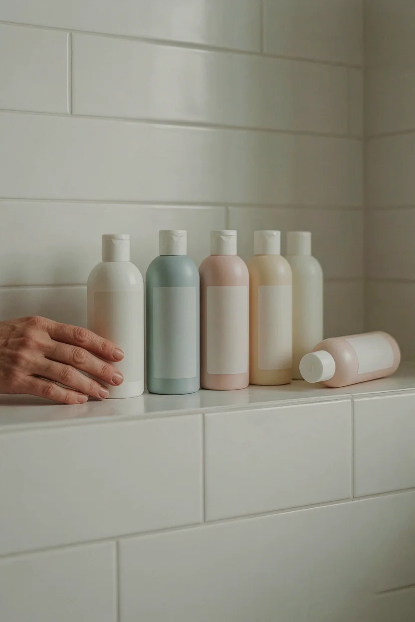 Five to seven shampoo bottles of varying heights and colours arranged in a row on a white tiled shower shelf