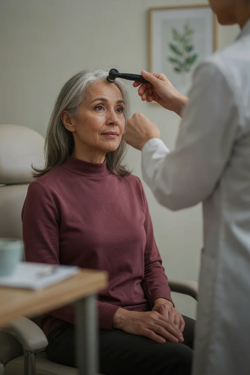 Woman between 50 and 65 seated in a clinical consultation chair