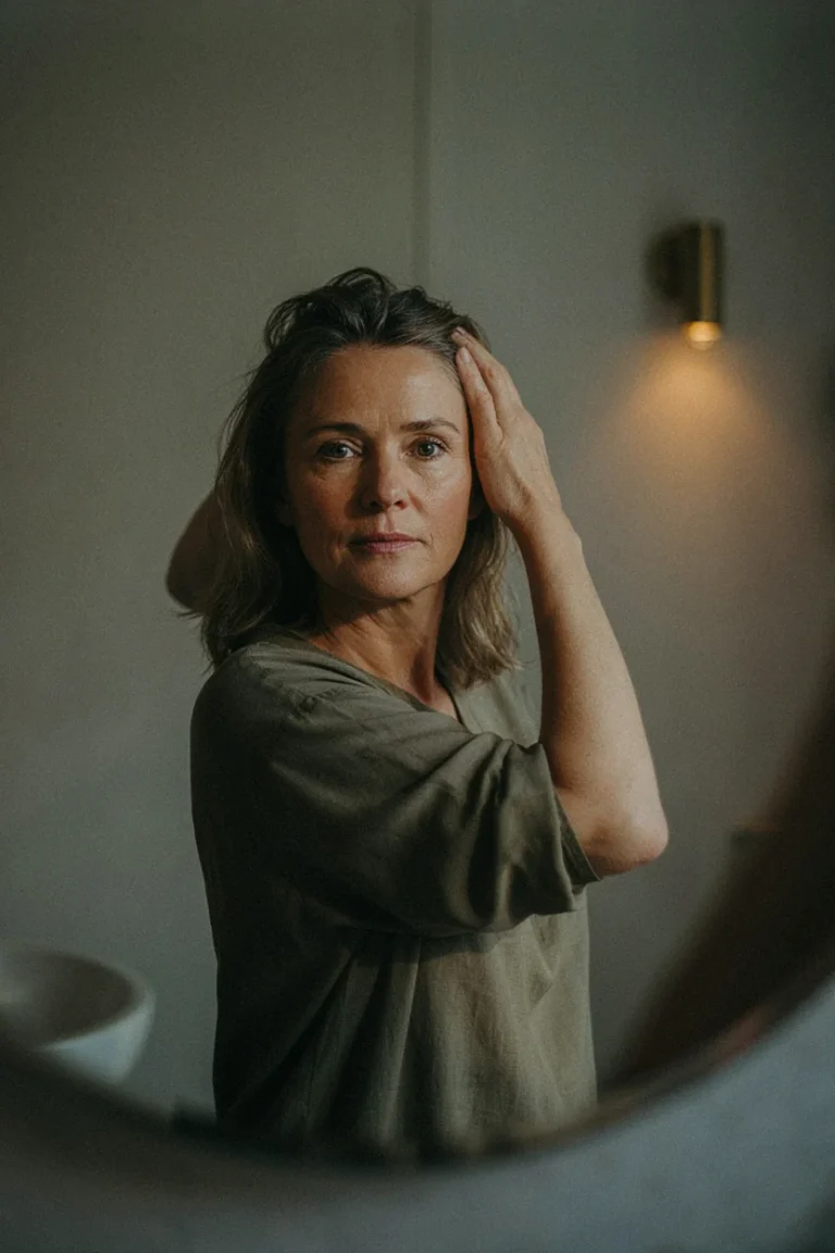 Woman in her late fifties with her hair loosely pulled back, touching her scalp near the hairline with a thoughtful expression