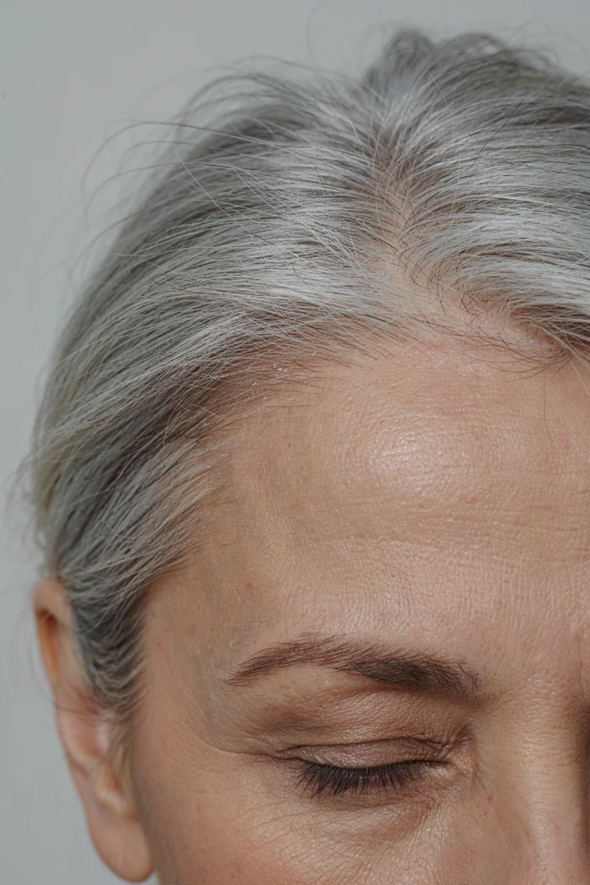 Close-up of a woman's hairline showing subtle flaking and redness along the scalp edge with mature skin visible