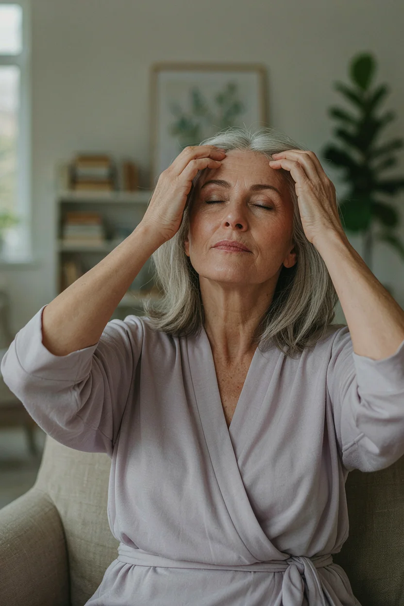 Woman in her early sixties with her fingertips resting lightly on her scalp through her hair
