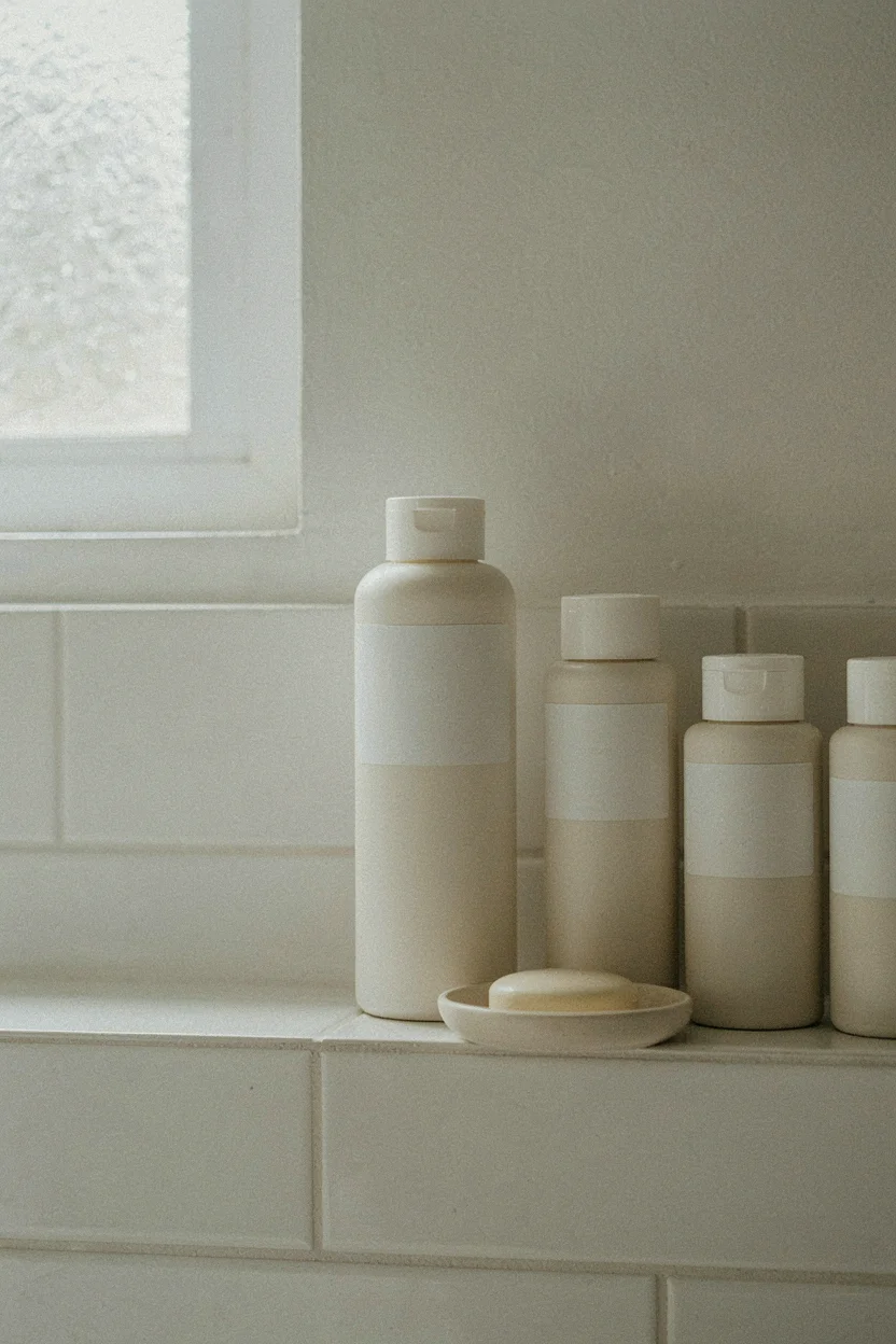 Several plain-labelled bottles of shampoo and scalp treatment arranged on a tiled shower shelf with soft diffused light
