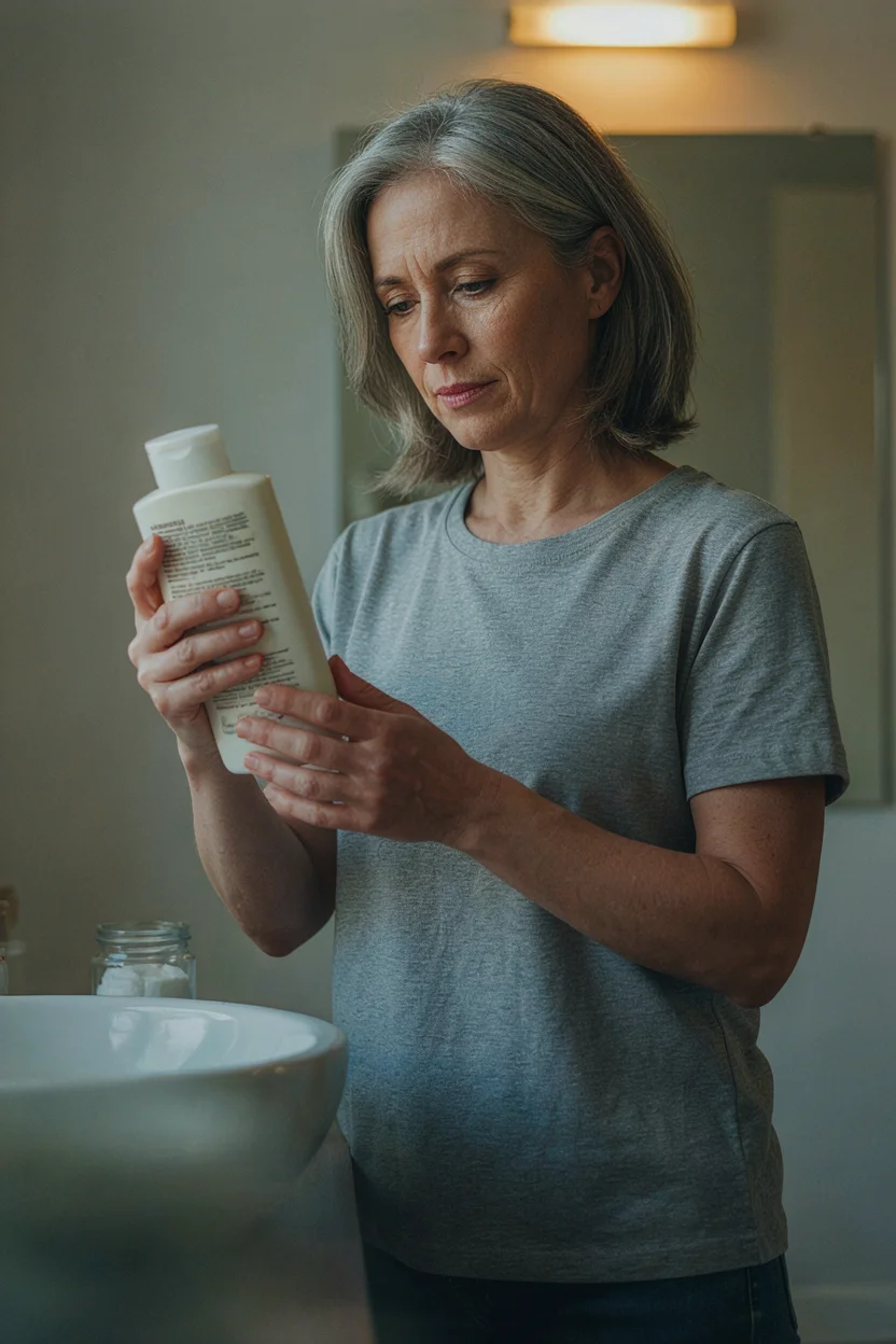Woman in her late fifties reading the back label of a shampoo bottle in a bathroom with neutral tones and warm light