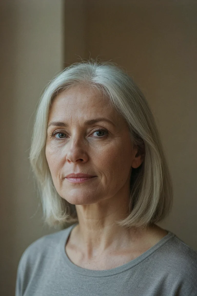 Woman in her late fifties with bright silver hair photographed in natural light, wearing a muted soft gray crew-neck top, showing clean well-maintained silver