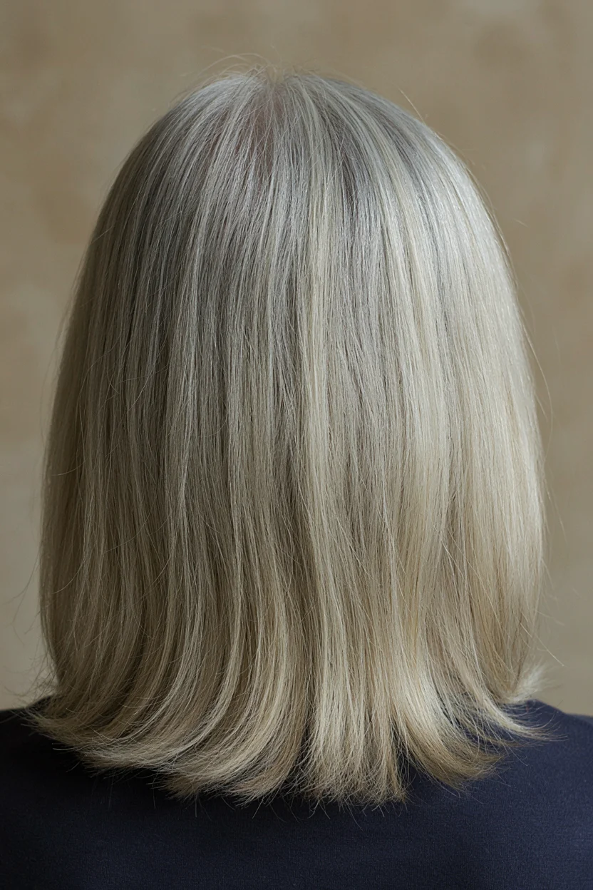 Woman in her early sixties with silver hair showing slight yellowing at the ends from hard water