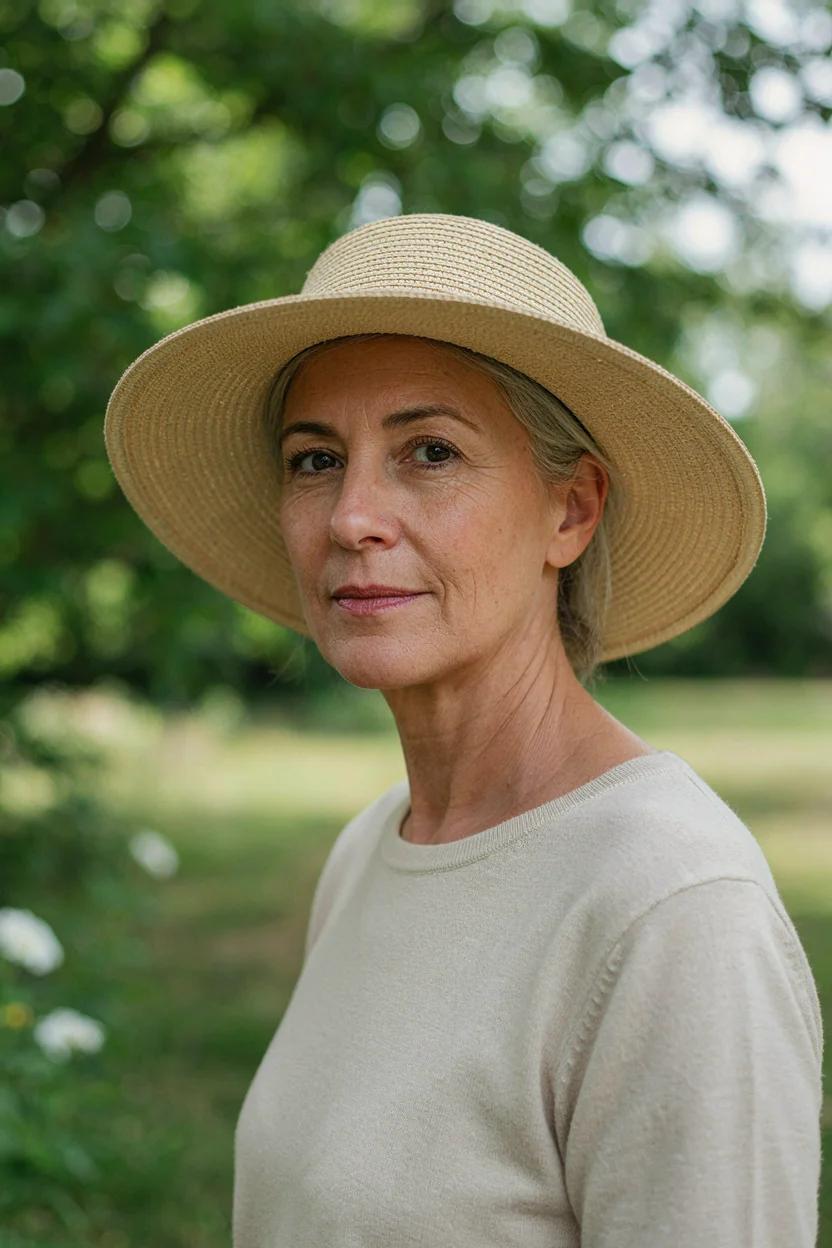 Woman in her mid-fifties with silver hair outdoors in sunlight
