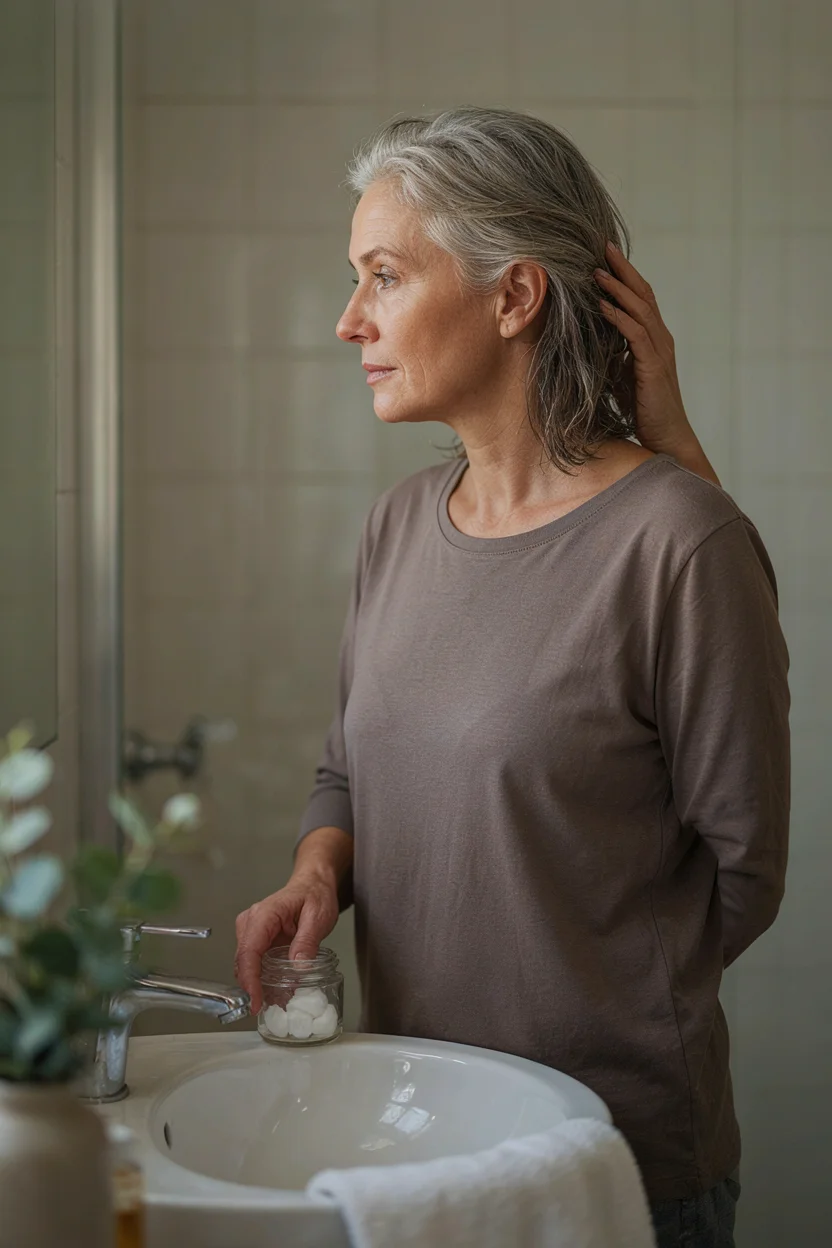 Woman in her late fifties with silver hair during a clarifying wash routine