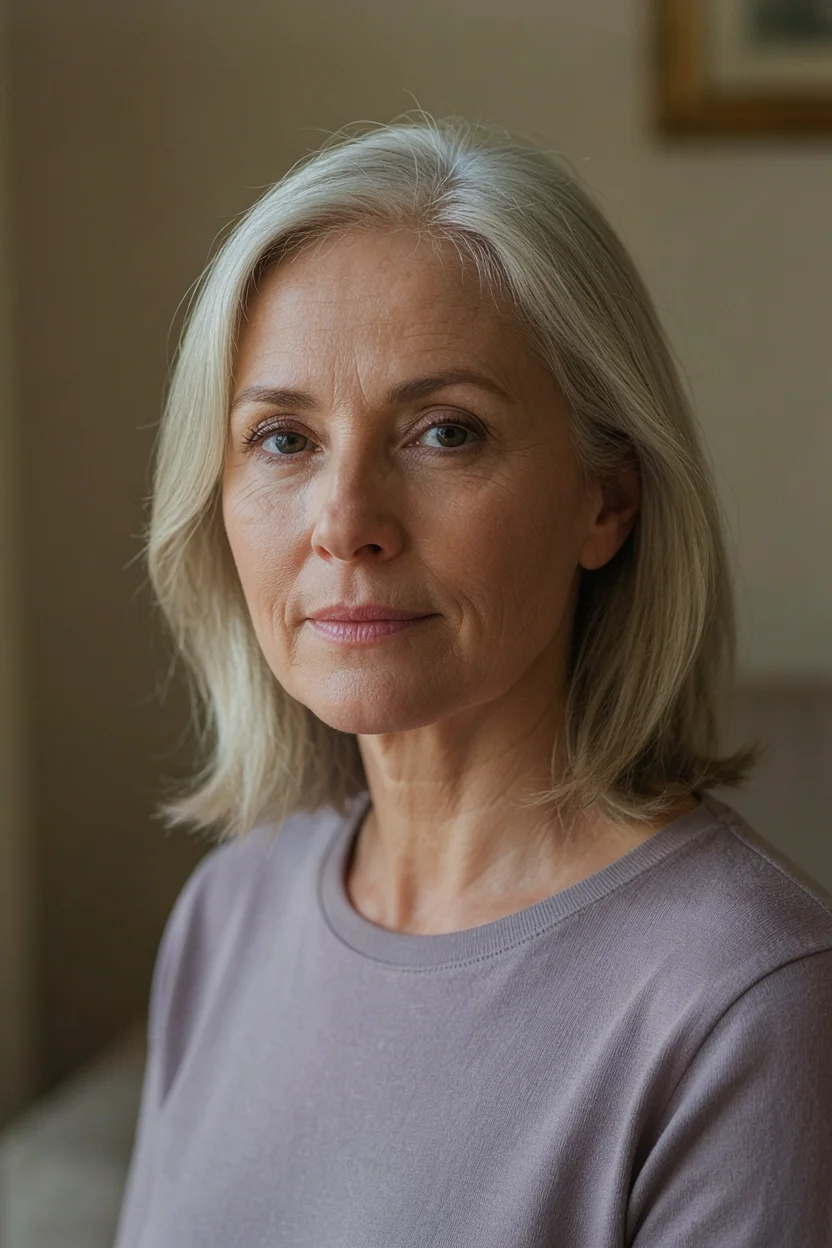 Woman in her early sixties with silver hair showing the bright result after a purple shampoo treatment