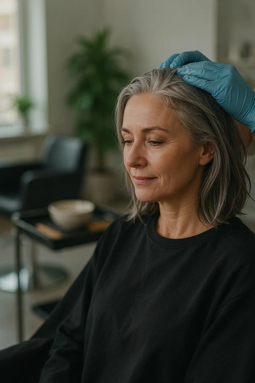 Woman in her mid-fifties with silver hair at a salon receiving a gloss treatment