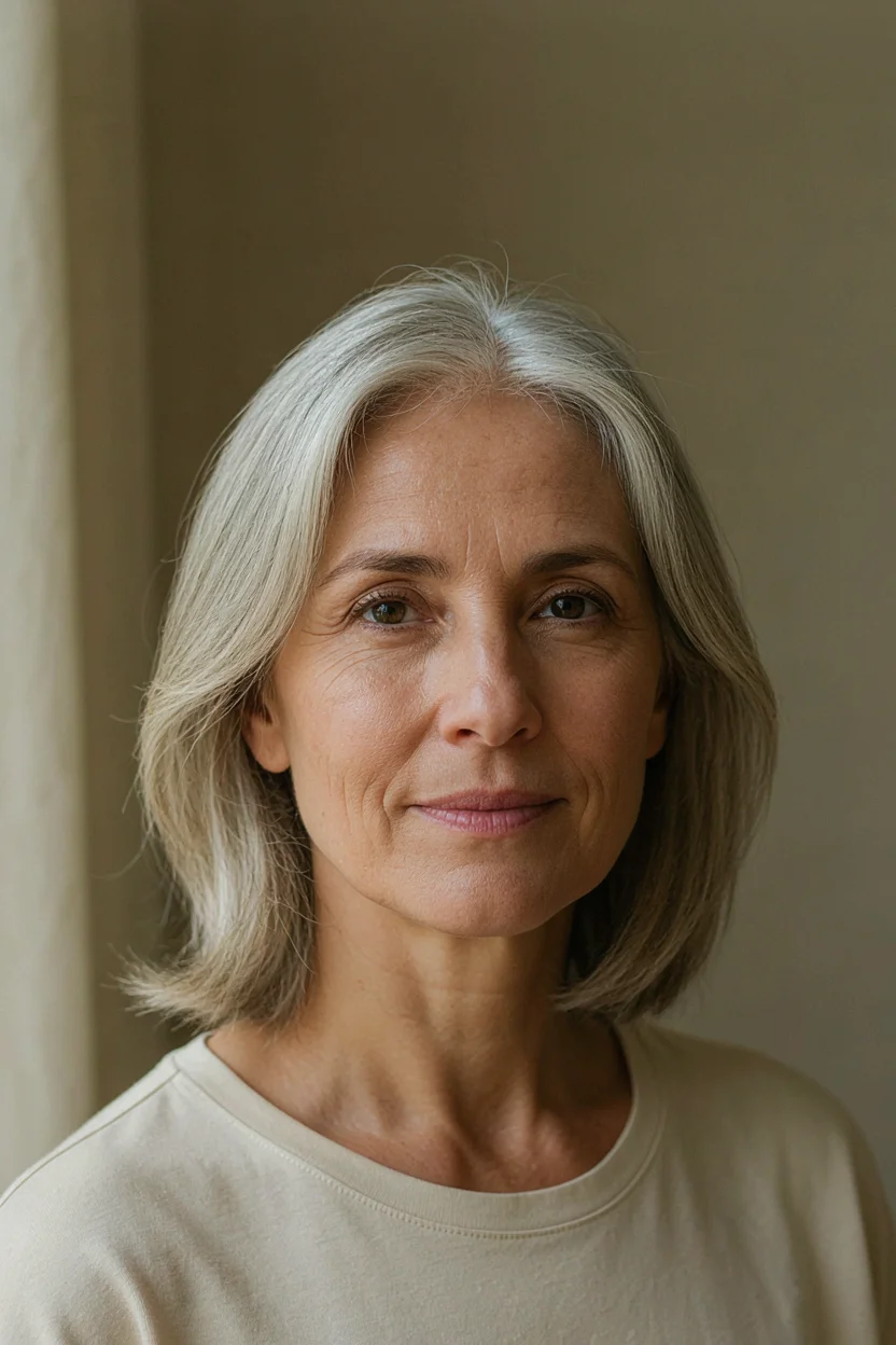 Woman in her late fifties with bright silver hair after a cool water rinse