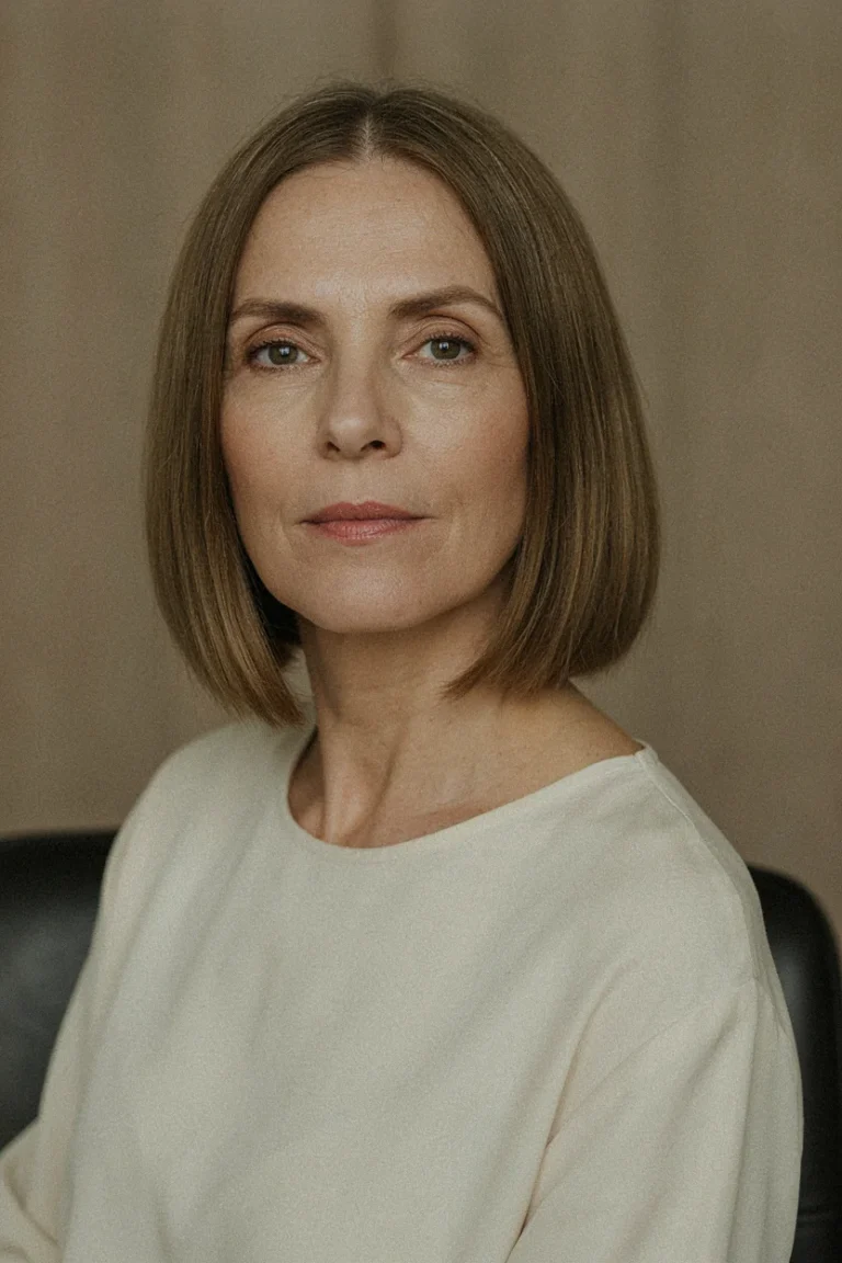 Woman, approximately 57 years old, visible fine lines around eyes and mouth, mature skin with natural texture. She has a chin-length blunt bob with a clean, solid perimeter line. Her hair is straight,